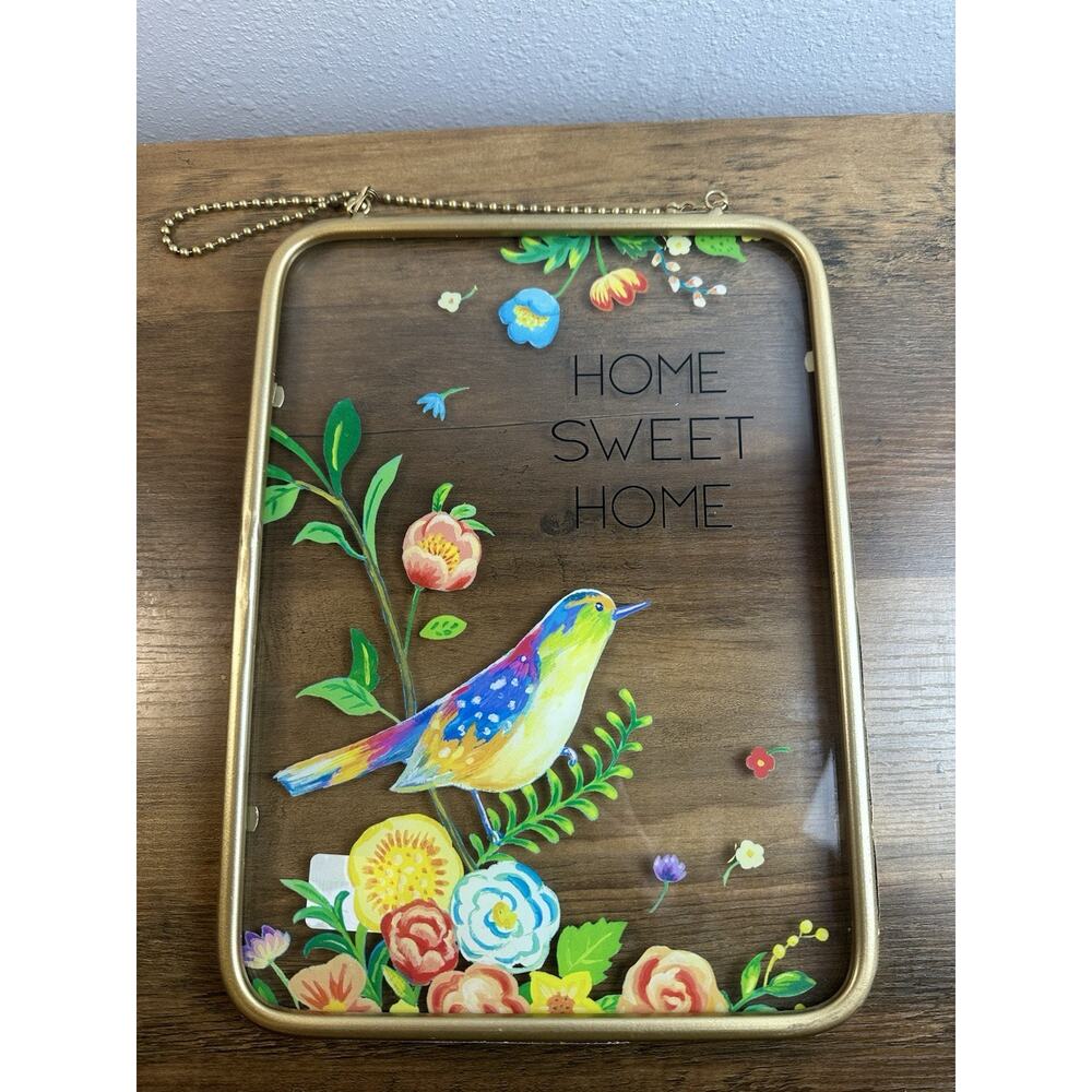 Home Sweet Home Bird Floral Glass Wall Sign Gold Frame Hanging Decor